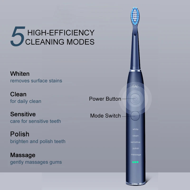 Seago Electric Sonic Toothbrush USB Rechargeable Adult 360 Days Long Battery Life with 4 Replacement Heads Gift SG-575