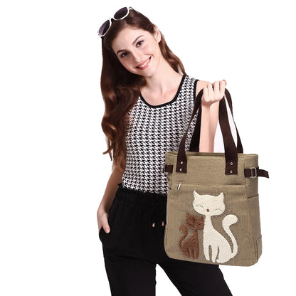 Lovely Cute Cat Canvas Handbag for Girls Ladies Large Capacity Casual Bag Women Portable Solid Zipper Shoulder Bag Bolsos Mujer