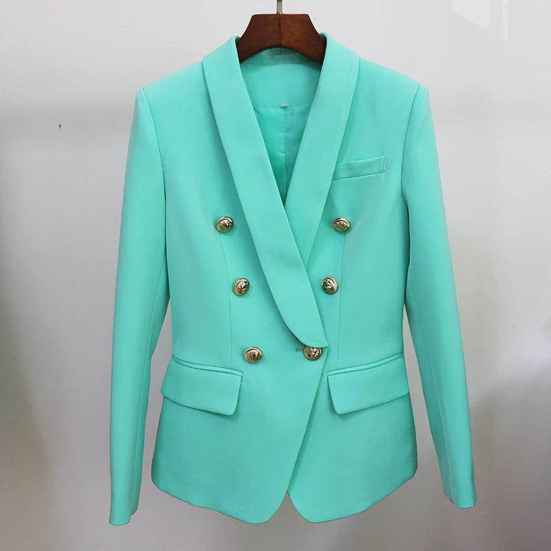 HIGH QUALITY 2024 Newest Fashion Designer Blazer Women's Double Breasted Lion Buttons Shawl Collar Blazer Jacket Mint Green