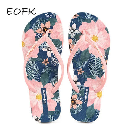 EOFK New Women  Flip Flops Summer Comfortable Beach Printing Floral Fashion Slippers Anti Slip Pool PVC Quick dry  Ladies Slides