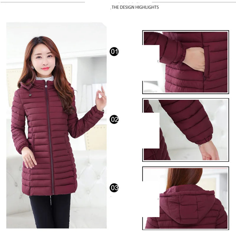 New Fashion Plus Size 4XL 5XL Women Medium-Long Winter Coats Red/Black Warm Hooded Ladies Outwear Female Coat