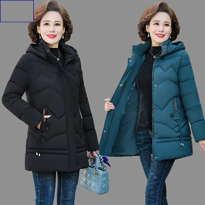 Winter Jacket Middle-aged mother's Clothing Hooded Parkas Loose Plus velvet Thick Winter Coat Female Warm Zipper Parka Outwear