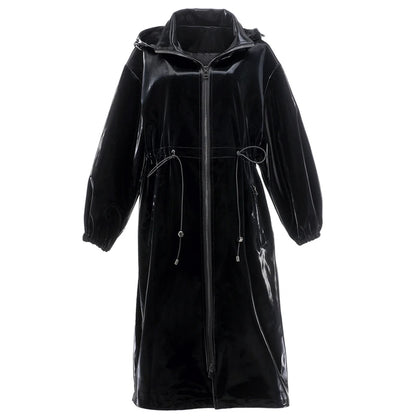 Nerazzurri Long black warm oversized shiny patent leather trench coat for women long sleeve Zip up fall fashion 2023 Windbreaker