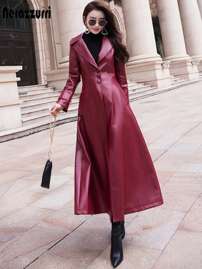 Nerazzurri Maxi fit and flare leather trench coat for women 2021 spring Long luxury designer clothing women long sleeve lapel