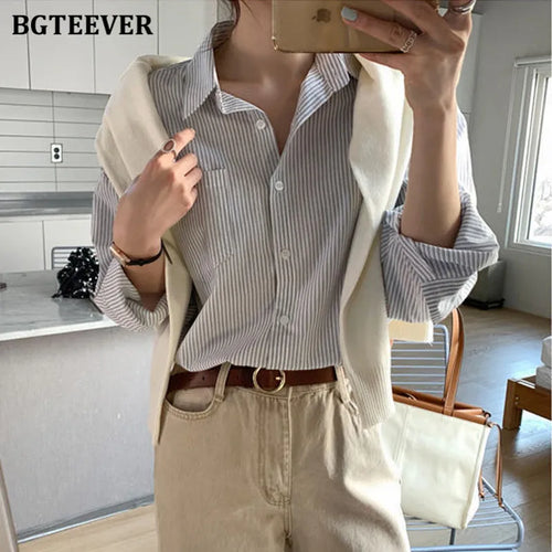 BGTEEVER Vintage Ladies Striped Women Blouses Turn-down Collar  Long Sleeve Loose Female Shirts Casual Tops Femme 2021 Spring