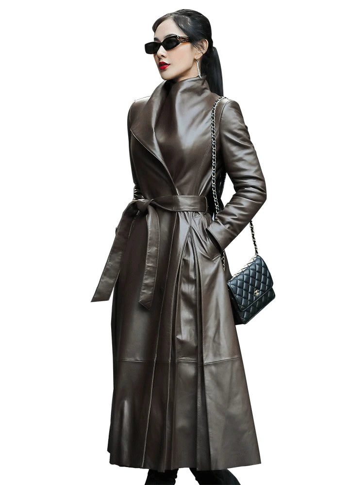 Nerazzurri Autumn Long Brown Black Soft Faux Leather Trench Coat for Women Belt Skirted Elegant Luxury Fashion 5xl 6xl 7xl 2022