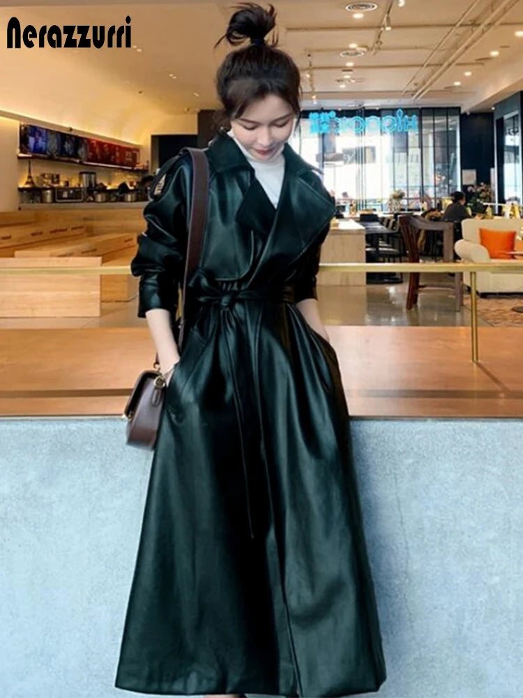 Nerazzurri Spring Black Oversized Long Waterproof Leather Trench Coat for Women 2021 Long Sleeve Loose Korean Fashion Clothing