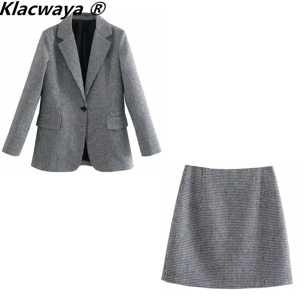 Klacwaya 2021 Women Fashion Two-Piece Set Vintage Single Button Long Sleeve Checkered Blazer Female High Waist A-Line Skirt Suit