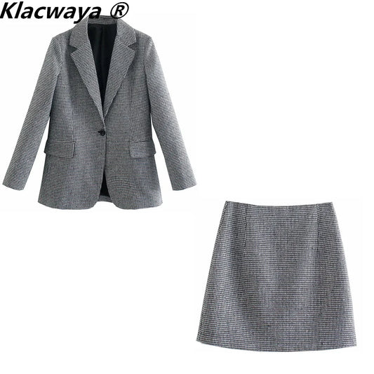 Klacwaya 2021 Women Fashion Two-Piece Set Vintage Single Button Long Sleeve Checkered Blazer Female High Waist A-Line Skirt Suit