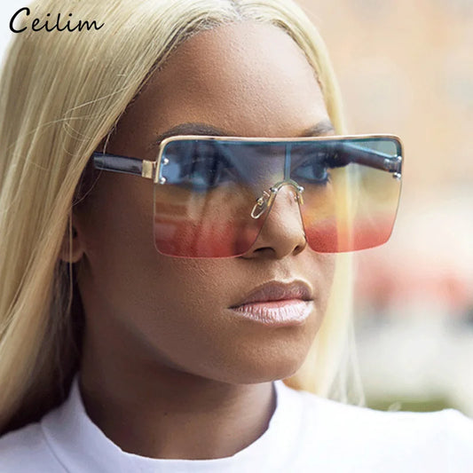 2024 New Trendy Oversized Gradient Sunglasses for Women Fashion One Piece Flat Top Square Sun Glasses Vintage Female Shades