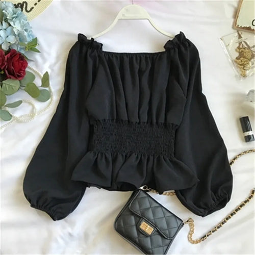 2020 Autumn Chiffon White Blouse Shirt Off Shoulder Crop Top Long Sleeve Blouses Ruffles Solid Sexy Blusa Mujer Black Tops