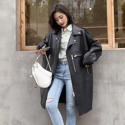 Nerazzurri Autumn Oversized Black Long Womens Leather Biker Jacket Long Sleeve Spring Loose Faux Leather Coat Streetwear 2022