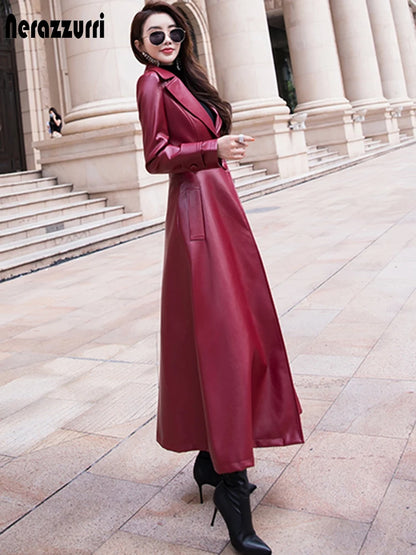 Nerazzurri Maxi fit and flare leather trench coat for women 2021 spring Long luxury designer clothing women long sleeve lapel