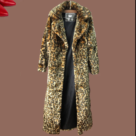 Women's leopard fur coat mink fur coat long fashion casual top Europe and America loose large size warm windbreaker