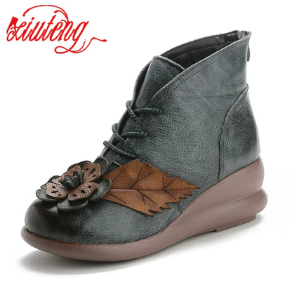 Xiuteng New Fashion genuine Leather Women Boots Winter Shoes Casual Lace up Women Boots Wedges Shoes Handmade Shoes Woman Boots