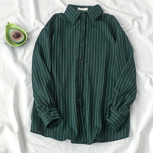 Autumn Retro Stripe Long Sleeve Women's Blouse Korean Style Streetwear Vintage Button Up Shirt Ladies Fashion Female Green Tops