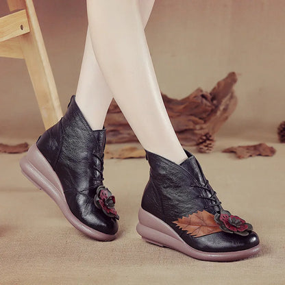 Xiuteng New Fashion genuine Leather Women Boots Winter Shoes Casual Lace up Women Boots Wedges Shoes Handmade Shoes Woman Boots