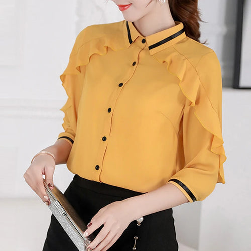 2020 Spring Summer Blouses New Korean Women Blouse Yellow Joker Slim Chiffon Shirt Blusas Office Work Top Casual Shirts