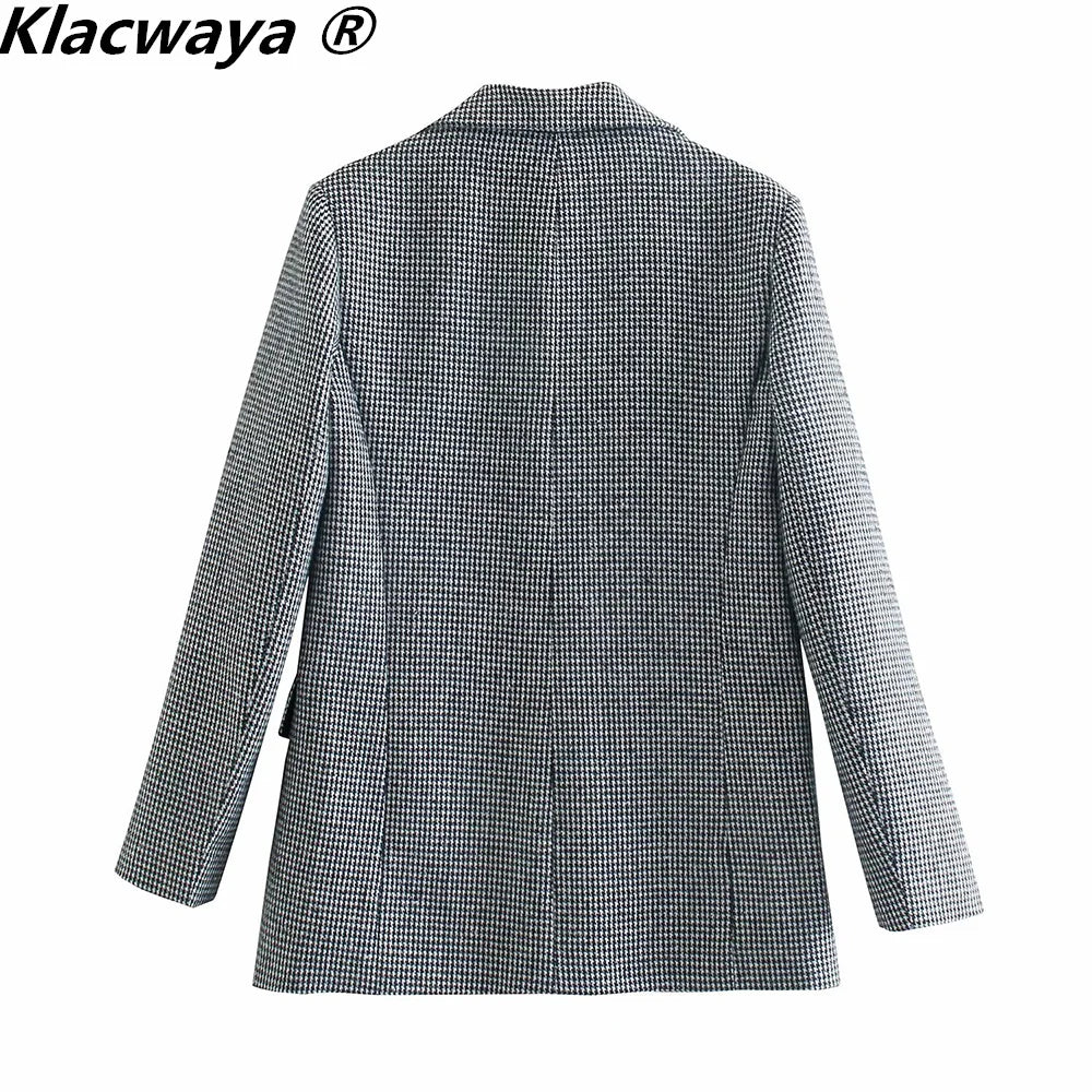 Klacwaya 2021 Women Fashion Two-Piece Set Vintage Single Button Long Sleeve Checkered Blazer Female High Waist A-Line Skirt Suit