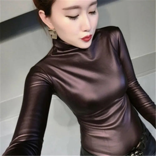 2019 Fashion Autumn Women PU Leather Tops Shirts turtleneck Long Sleeve slim Casual blouse plus size 4XL ladies tops PZ1053