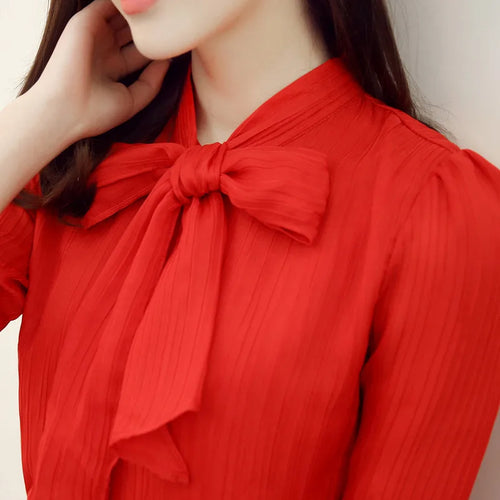 2017 White Red Blouse Women Work Wear Bow Collar Long Sleeve Chiffon Blouse Top Shirt S-XXXL blusas feminina ZY3620