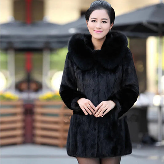 Women's Faux Fur Coat Winter Warm Black Imitation Fox Fur Long Round Neck Hat Temperament Young Lady 2021 New