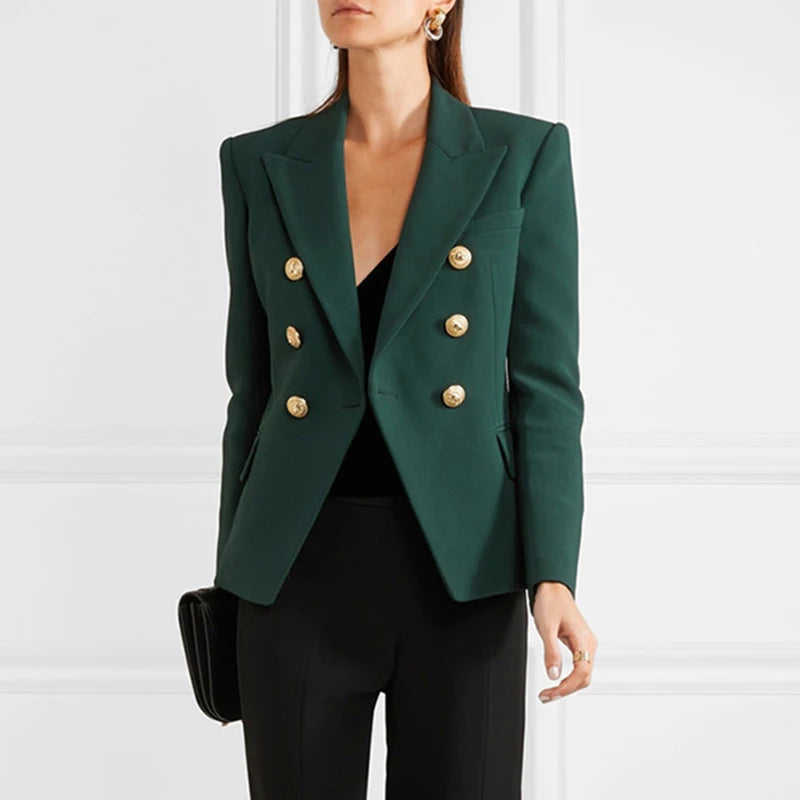 HIGH QUALITY Newest 2024 Designer Blazer Women's Long Sleeve Double Breasted Metal Lion Buttons Blazer Jacket Outer Dark Green