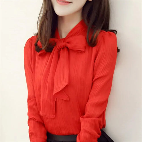 2017 White Red Blouse Women Work Wear Bow Collar Long Sleeve Chiffon Blouse Top Shirt S-XXXL blusas feminina ZY3620