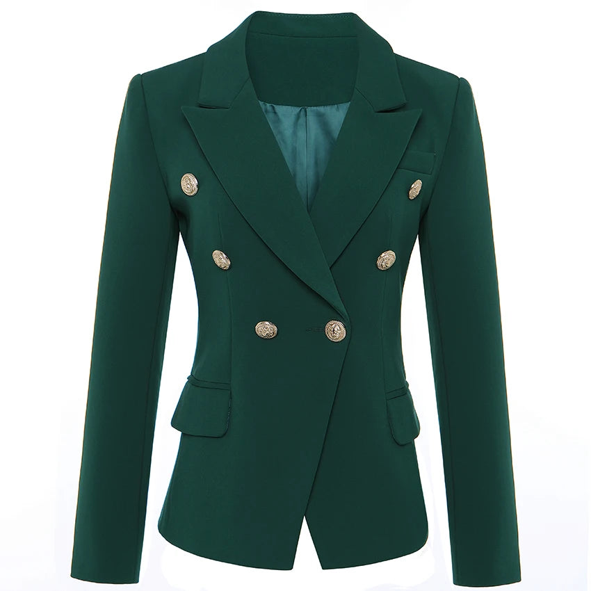 HIGH QUALITY Newest 2024 Designer Blazer Women's Long Sleeve Double Breasted Metal Lion Buttons Blazer Jacket Outer Dark Green