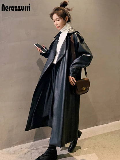 Nerazzurri Spring Black Oversized Long Waterproof Leather Trench Coat for Women 2021 Long Sleeve Loose Korean Fashion Clothing