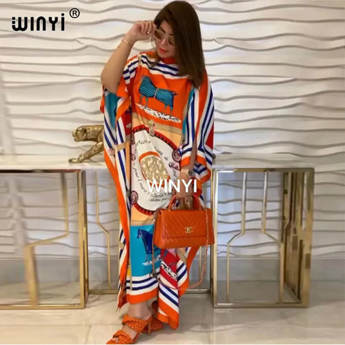 Africa Fashion Blogger Recommend Popular printed Silk Kaftan Maxi dresses Loose Summer Beach Bohemian kaftan long dress for lady