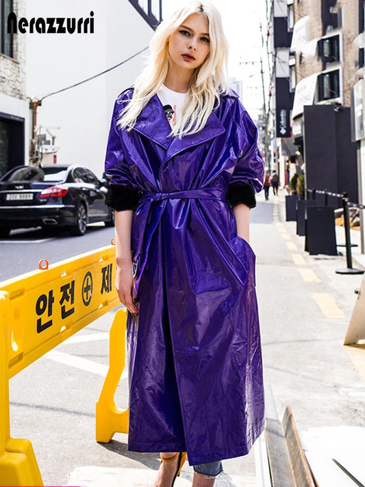 Nerazzurri Spring Autumn Purple Shiny Womens Patent Leather trench coat belt raglan sleeve Oversized soft runway long Overcoat