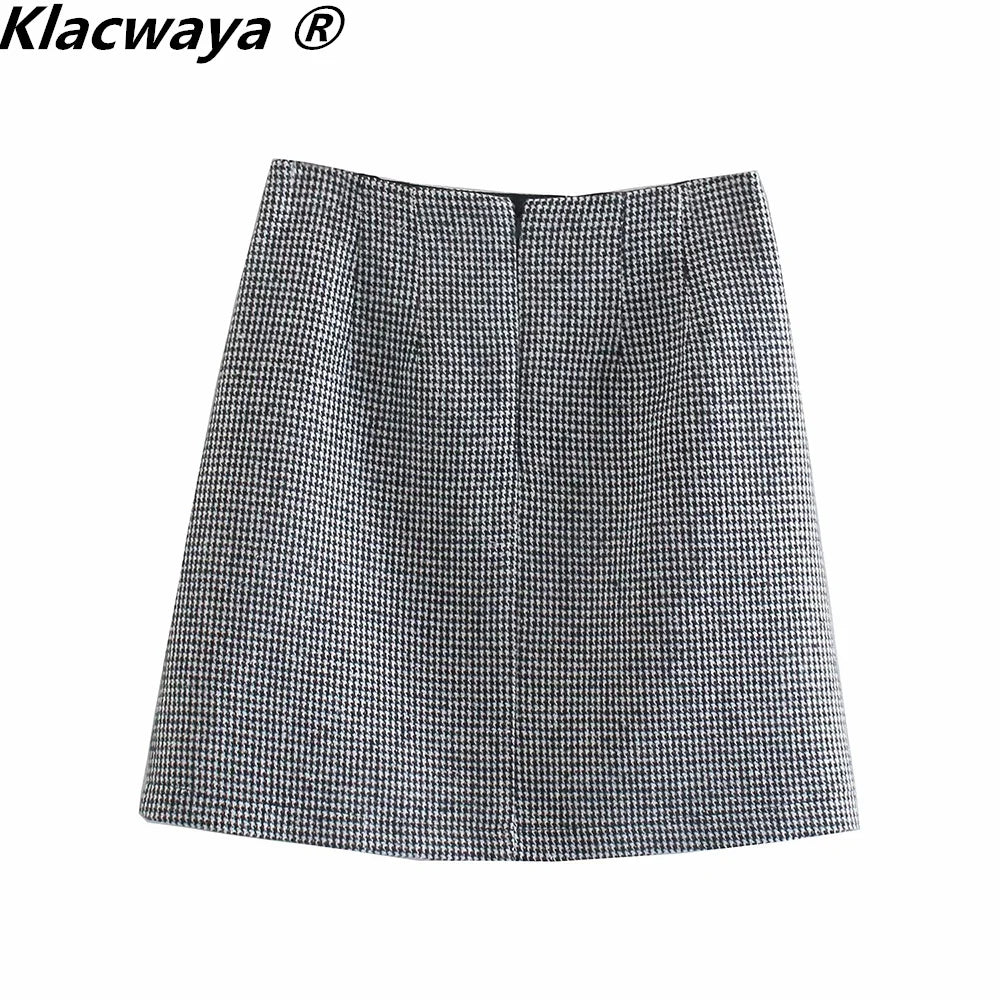 Klacwaya 2021 Women Fashion Two-Piece Set Vintage Single Button Long Sleeve Checkered Blazer Female High Waist A-Line Skirt Suit