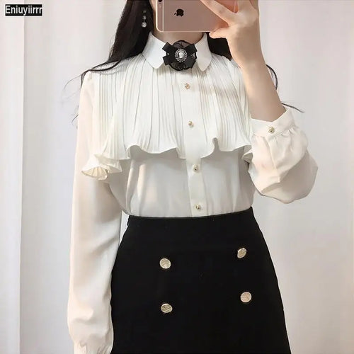 2021 New Year Cute Girls Womens Solid Color Office Lady Ruffled Blouses Formal Button Red White Shirt Ribbon Bow Tie Tops