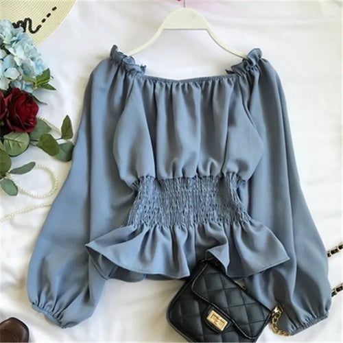 2020 Autumn Chiffon White Blouse Shirt Off Shoulder Crop Top Long Sleeve Blouses Ruffles Solid Sexy Blusa Mujer Black Tops