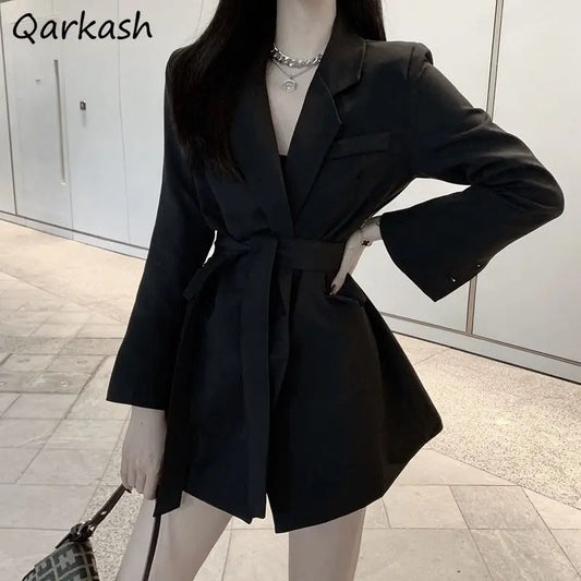 Blazers Women Slim Retro Elegant Solid Tunic Design Minimalist Ulzzang Street BF Style All-match Female Sashes Fashion Outwear