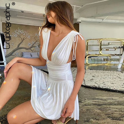 Cryptographic White Elegant Pleated Plunge Deep V-Neck Sleeveless Dresses Evening Club Party Christmas Women Mini Dress Clothes