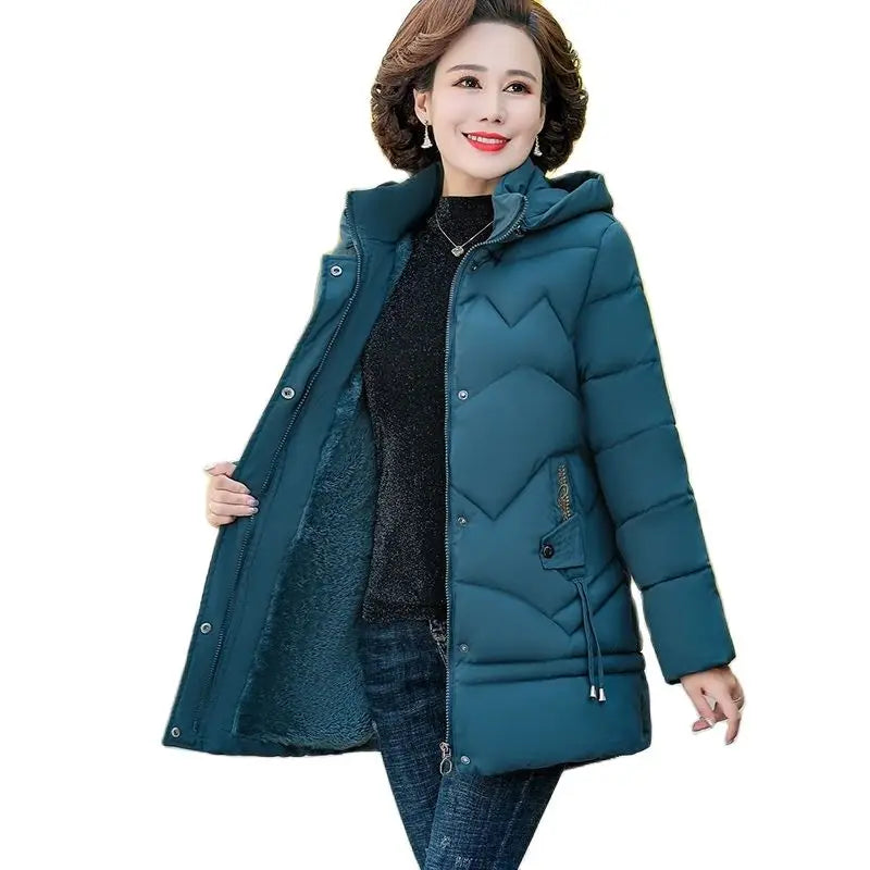 Winter Jacket Middle-aged mother's Clothing Hooded Parkas Loose Plus velvet Thick Winter Coat Female Warm Zipper Parka Outwear