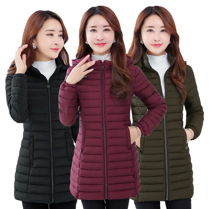 New Fashion Plus Size 4XL 5XL Women Medium-Long Winter Coats Red/Black Warm Hooded Ladies Outwear Female Coat