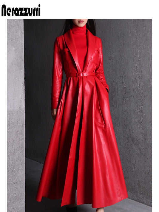 Nerazzurri High Quality Red Black Maxi Pu Leather Trench Coat for Women Extra Long Skirted Elegant Overcoat Fashion 5xl 6xl 7xl