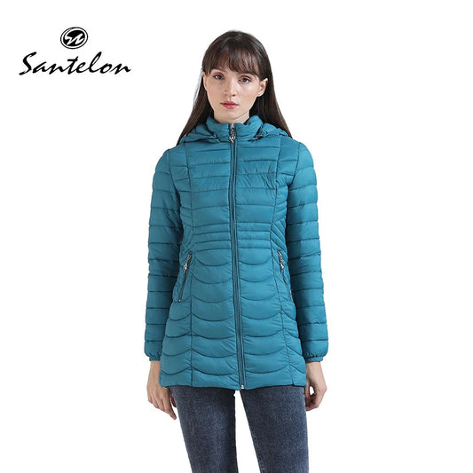 SANTELON Long Ultralight Padded Puffer Jacket Coat For Women Lightweight Warm Outwear Parka With Detachable Hood Storage Bag