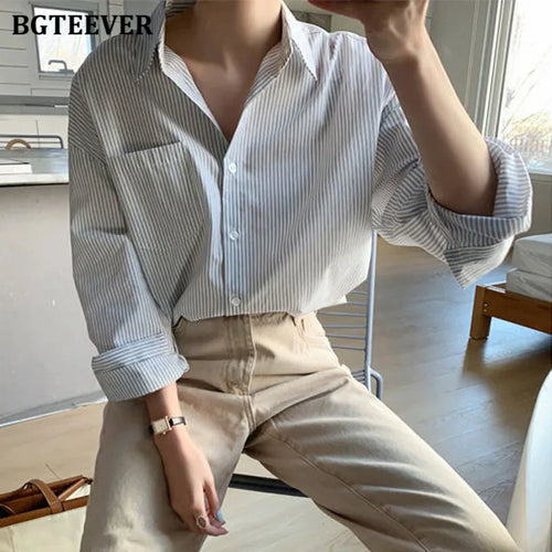 BGTEEVER Vintage Ladies Striped Women Blouses Turn-down Collar  Long Sleeve Loose Female Shirts Casual Tops Femme 2021 Spring