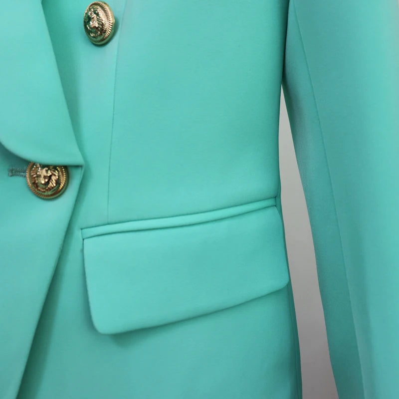 HIGH QUALITY 2024 Newest Fashion Designer Blazer Women's Double Breasted Lion Buttons Shawl Collar Blazer Jacket Mint Green