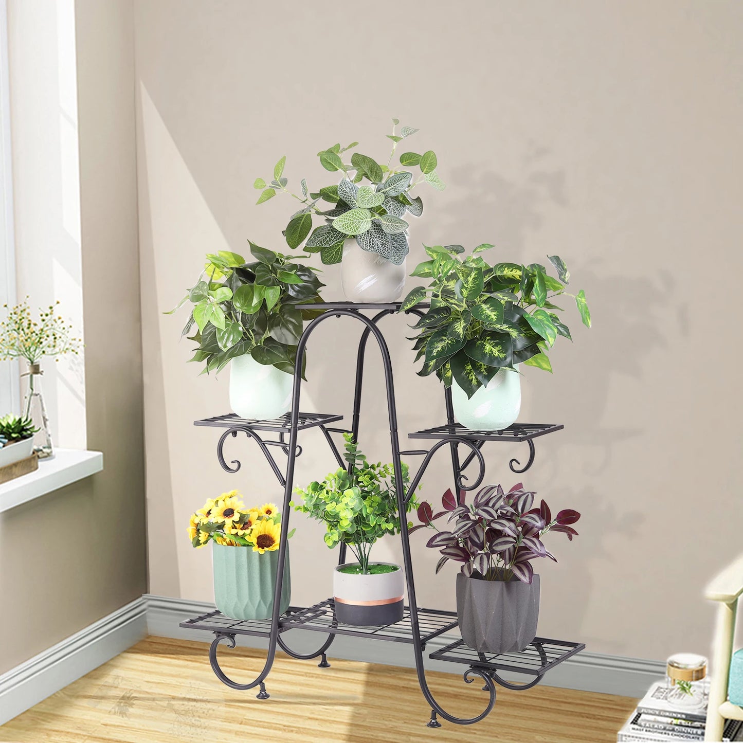 6 Tiers Plant Stand for Indoor and Outdoor Black Metal Flower Pot Shelf Multi-Tiered Plant Pot Holding Display Rack