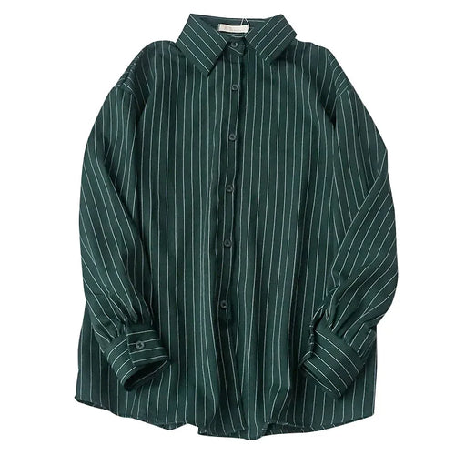 Autumn Retro Stripe Long Sleeve Women's Blouse Korean Style Streetwear Vintage Button Up Shirt Ladies Fashion Female Green Tops