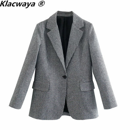 Klacwaya 2021 Women Fashion Two-Piece Set Vintage Single Button Long Sleeve Checkered Blazer Female High Waist A-Line Skirt Suit