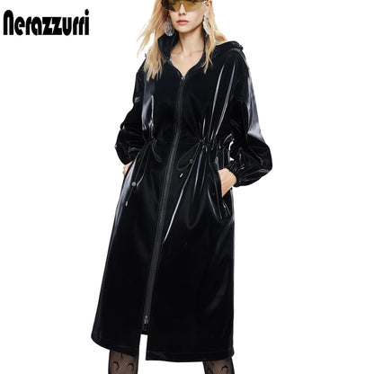 Nerazzurri Long black warm oversized shiny patent leather trench coat for women long sleeve Zip up fall fashion 2023 Windbreaker