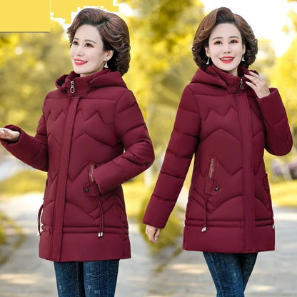 Winter Jacket Middle-aged mother's Clothing Hooded Parkas Loose Plus velvet Thick Winter Coat Female Warm Zipper Parka Outwear