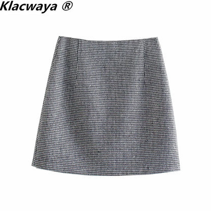 Klacwaya 2021 Women Fashion Two-Piece Set Vintage Single Button Long Sleeve Checkered Blazer Female High Waist A-Line Skirt Suit