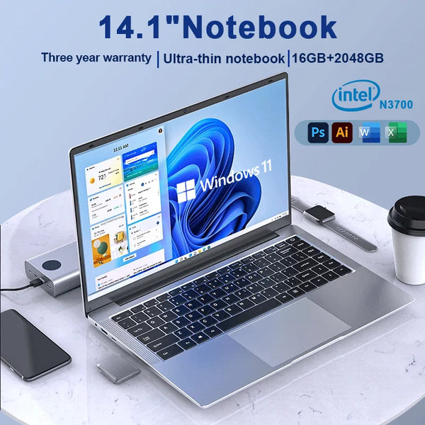 New 2024 Laptop Computer Windows 11 Pro Ultra Slim Notebook 14.1 Inch Intel Pentium N3700 16GB 1024GB Office Study PC Computer